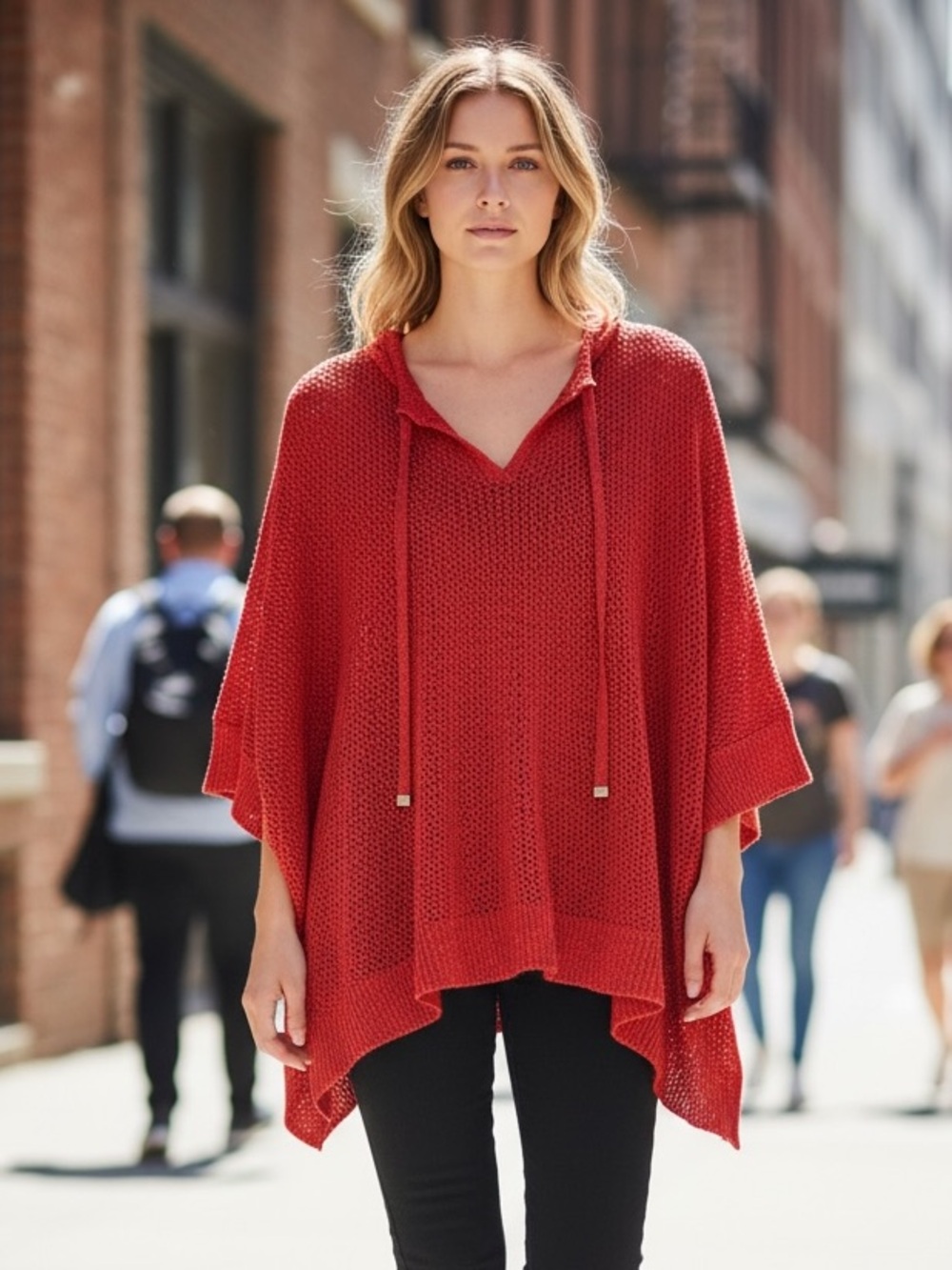 Chico’s vibrant red open-knit poncho. Size L/XL.